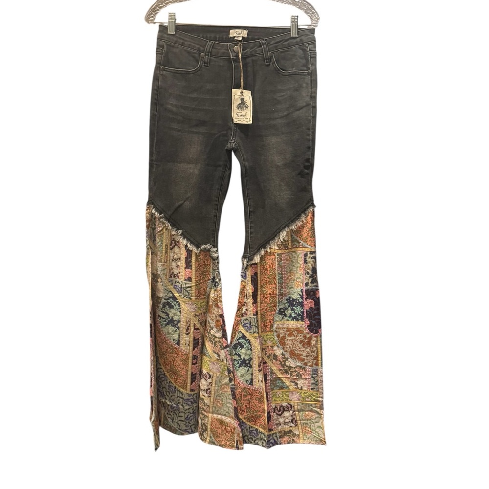 Easel Black and Multicolor Patchwork Flare Pants